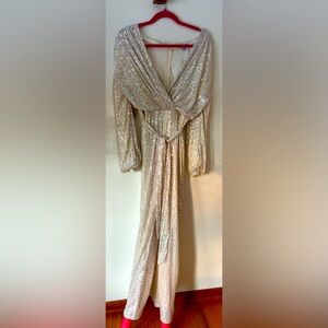 NWOT Fashion Nova silver cream Sequin jumpsuit romper long sleeve L